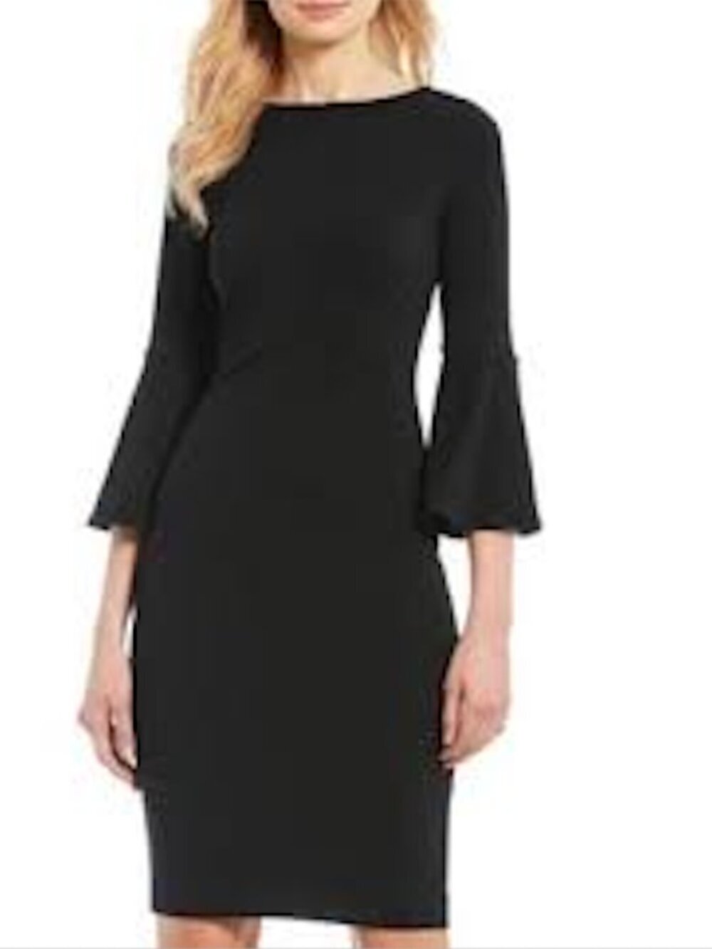 Massimo Dutti Long Bell Sleeved Sheath Crew Neck Cocktail Dress in Black, Small